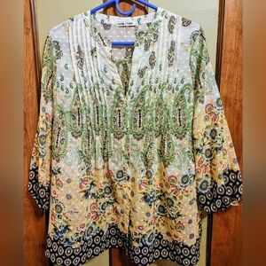 🌼 Figueroa & Flower Boho Pintuck Blouse – Size L – Mixed Floral & Paisley Print